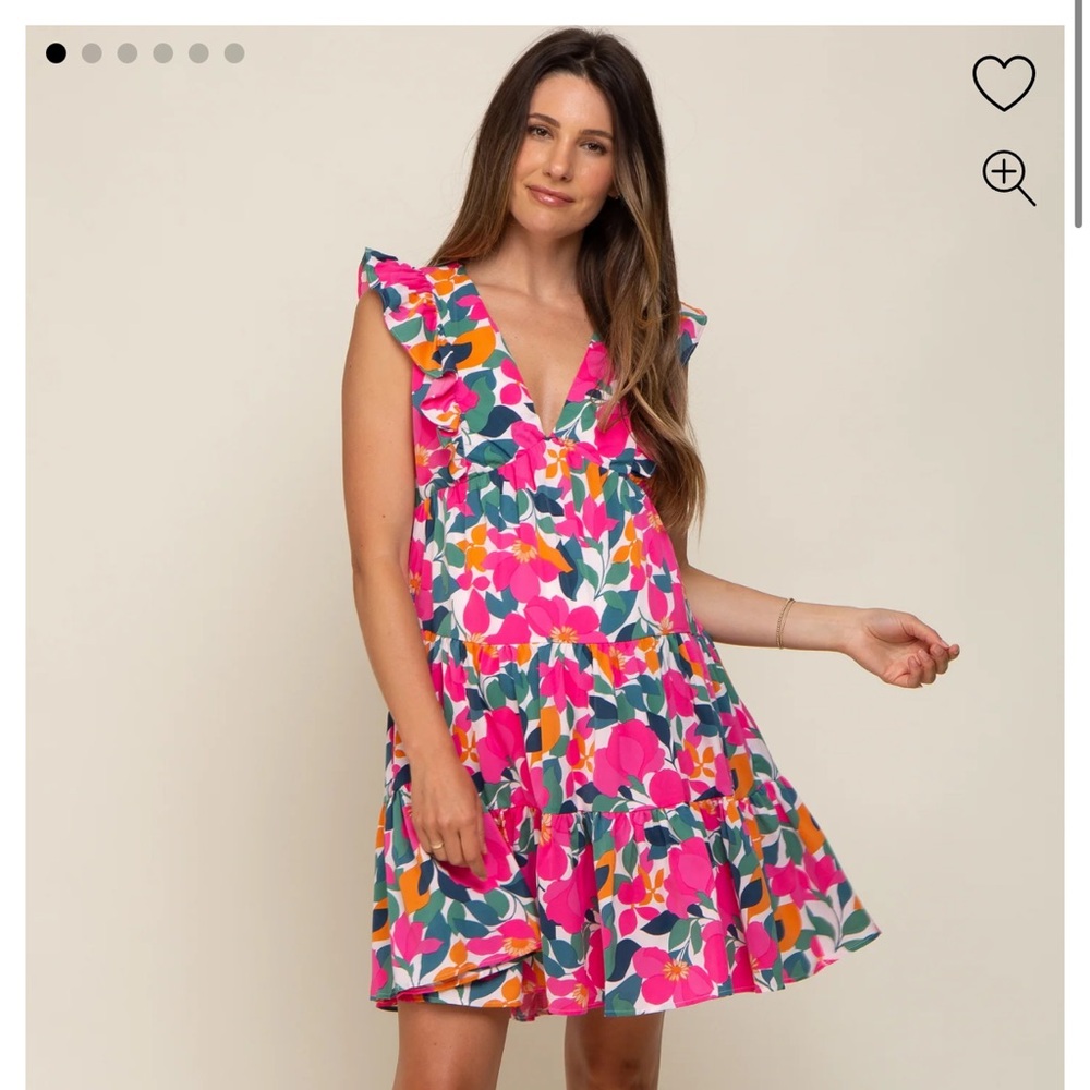 PinkBlush White Floral V-Neck Ruffle Shoulder Tiered Maternity Dress